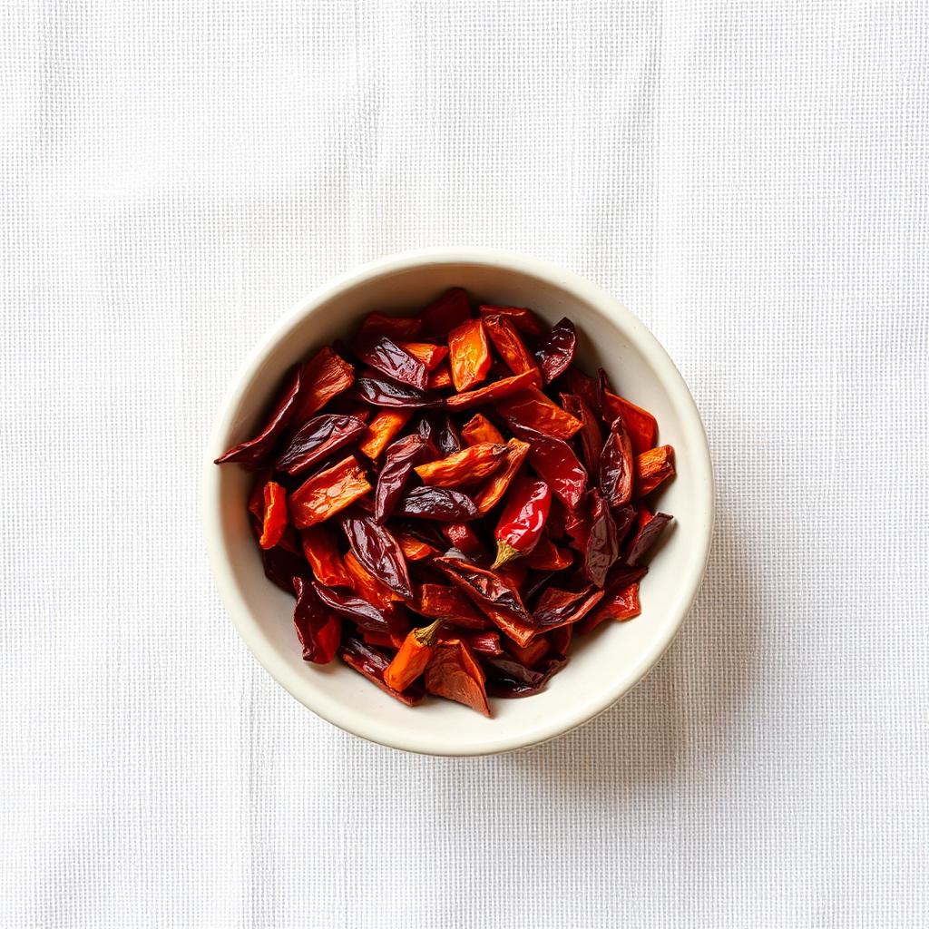 Dried red chilli flakes in ceramic bowl