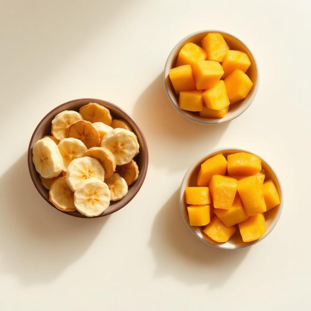 Dried banana and mango pieces