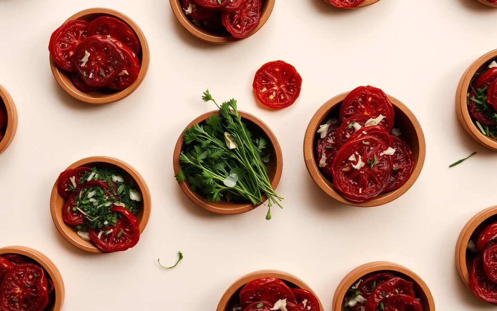 Dehydrated tomatoes and herbs in bowls